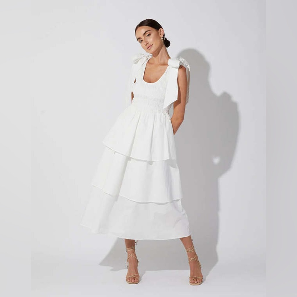 CLEOBELLA Kaiya Ruffle Tea Dress Smocked White Tiered Bow Coquette Cottagecore S - Picture 3 of 14